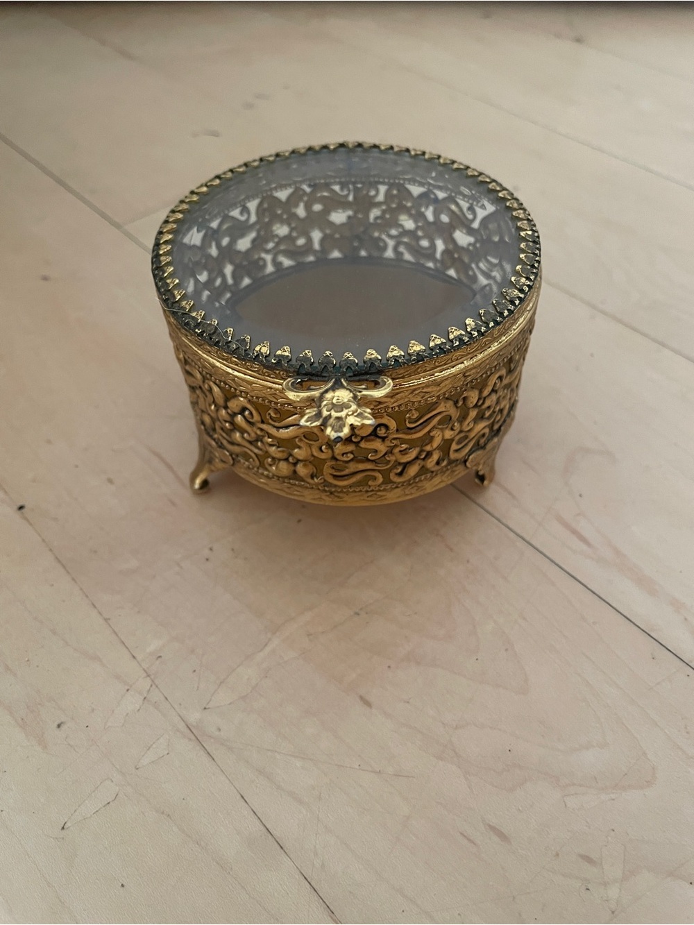 Vintage Gold Ormolu Beveled Glass Jewelry Casket Round Filigree Trinket Box 3"